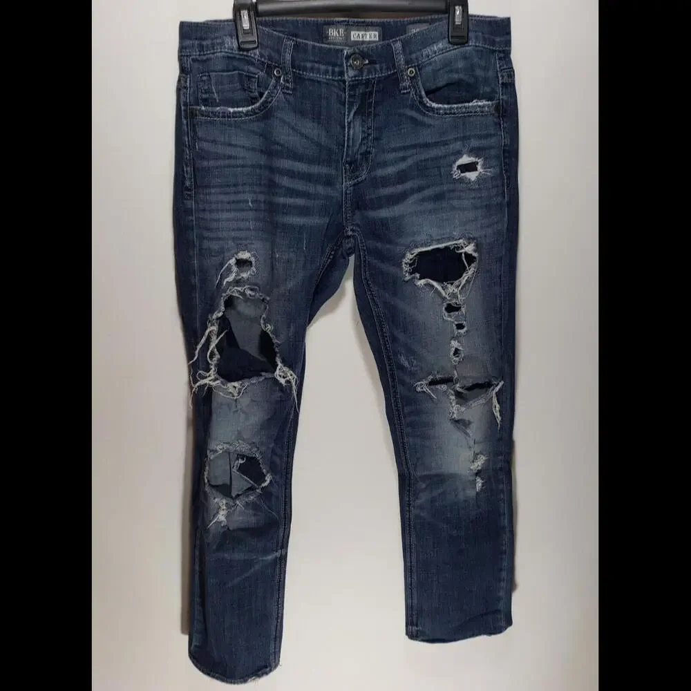 Mens Buckle BKE Carter Straight Leg Heavy Distressed Denim‎ Blue Jeans Size 33R
